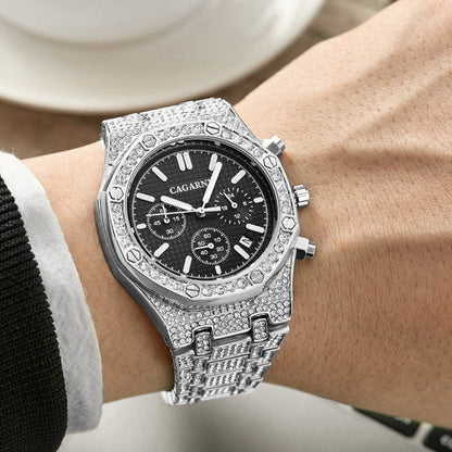 CAGARNY 6881 Diamond-studded Six-needles Guartz Dual Movement Watch Men Stainless Steel Strap Watch (Gold Shell Gold Dial), WA0334JB, WA0334JW, WA0334L, WA0334SB, WA0334SW
