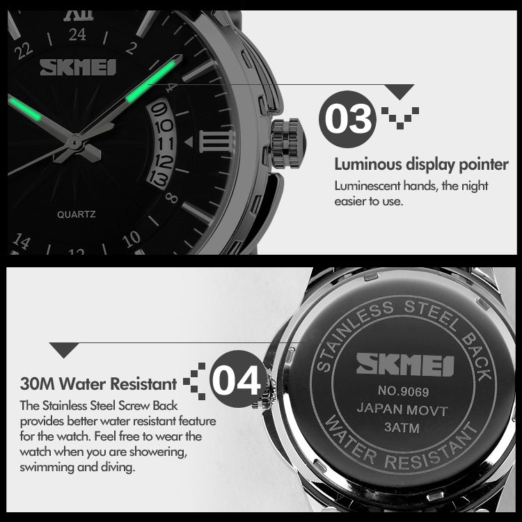 SKMEI 9069 Multifunctional Outdoor Fashion Business Waterproof Interval Gold Shell Quartz Wrist Watch