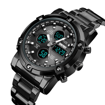 SKMEI 1389 Multifunctional Men Business Digital Watch 30m Waterproof Large Dial Wrist Watch with Stainless Steel Watchband , 1389 Black, 1389 Blue, 1389 Silver