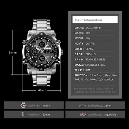 SKMEI 1389 Multifunctional Men Business Digital Watch 30m Waterproof Large Dial Wrist Watch with Stainless Steel Watchband , 1389 Black, 1389 Blue, 1389 Silver