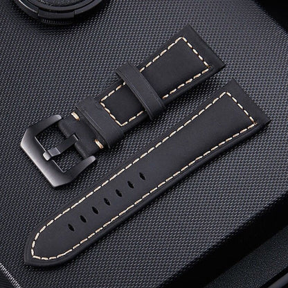 Crazy Horse Layer Frosted Black Buckle Watch Leather Watch Band, Size: 24mm