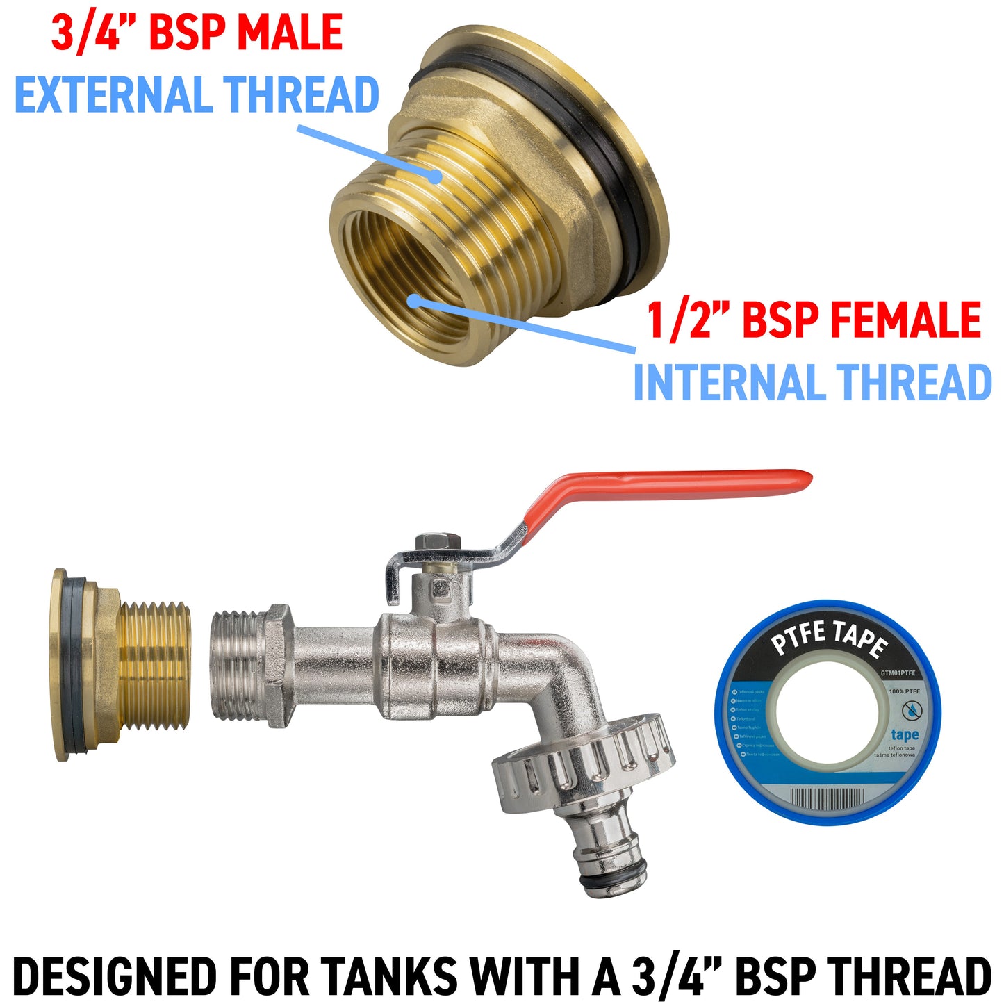 Water Butt Brass Kit 3/4in with Quick Connect Lever Tap and Drill Bit