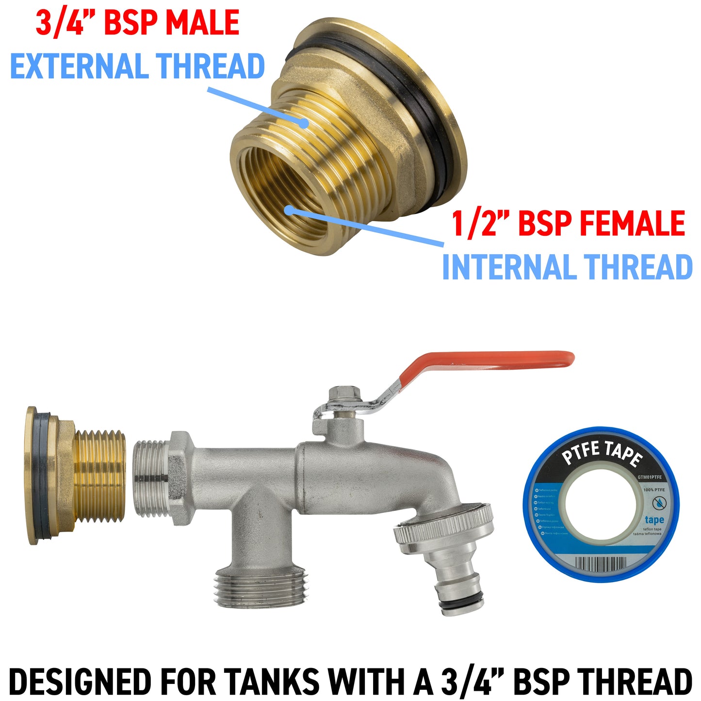 Water Butt Brass Kit 3/4in with Double Tap Hose Connector Set BSP Thread Fitting