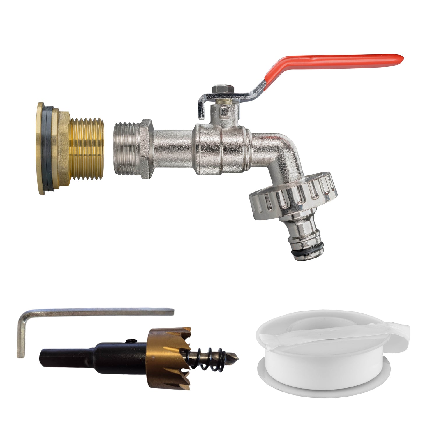 Water Butt Brass Kit 3/4in with Quick Connect Lever Tap and Drill Bit