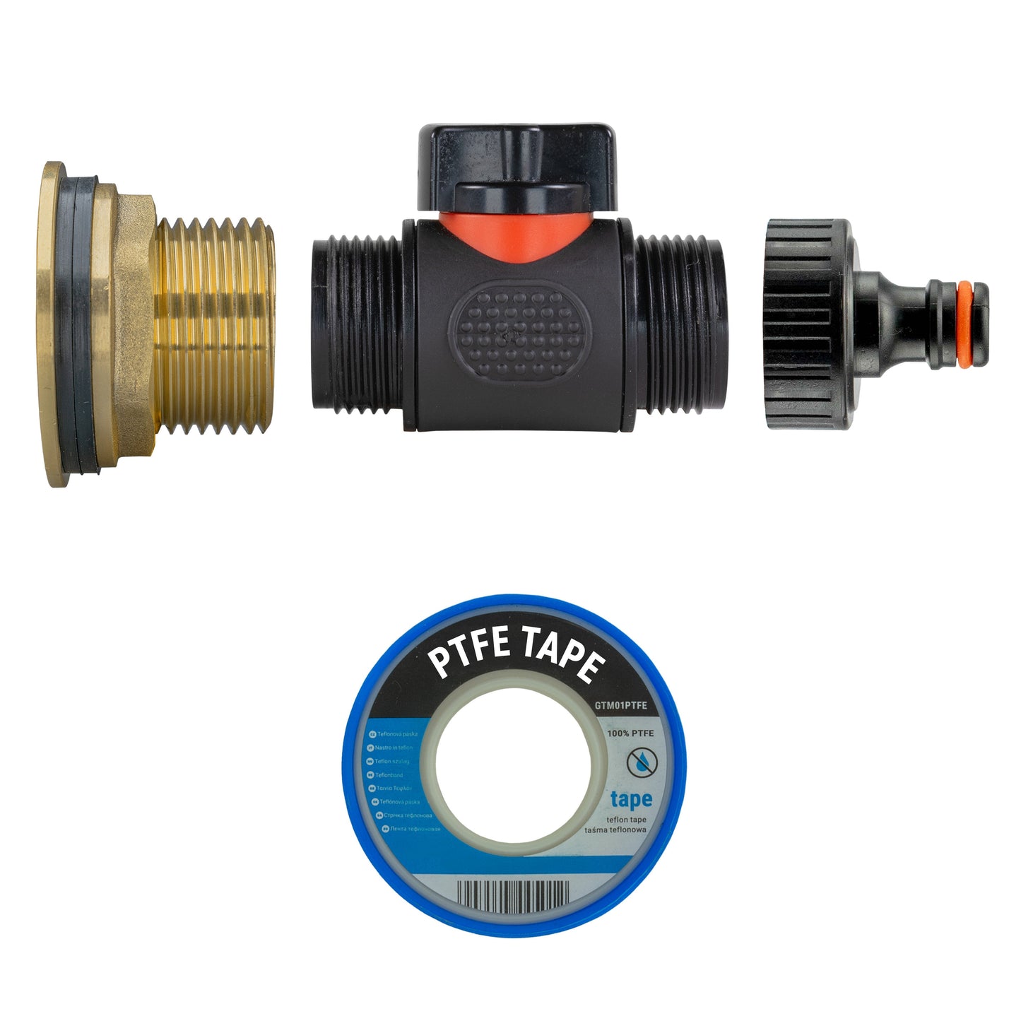Water Butt Brass Kit 1in with In-Line Valve + Quick Connect and Drill Bit