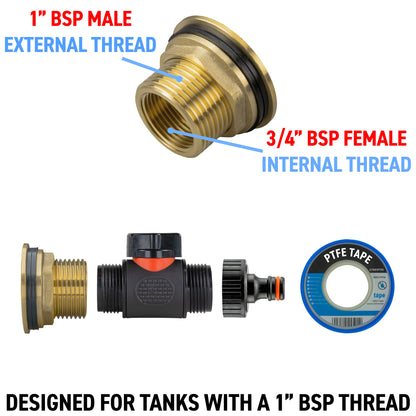 Water Butt Brass Kit 1in with In-Line Valve + Quick Connect and Drill Bit