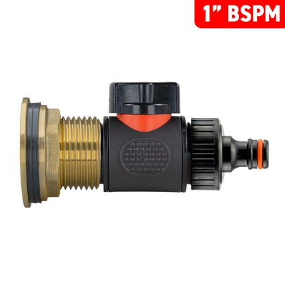 Water Butt Brass Kit 1in with In-Line Valve + Quick Connect and Drill Bit