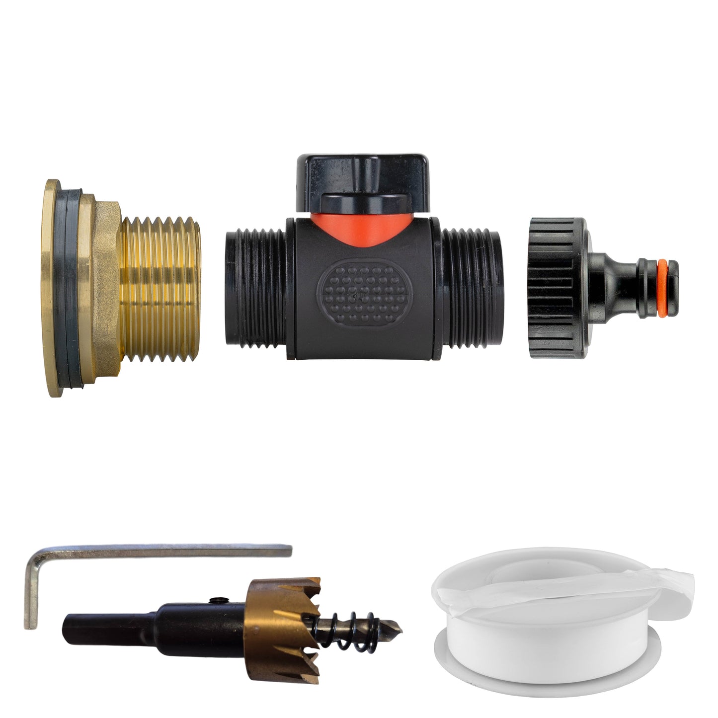 Water Butt Brass Kit 1in with In-Line Valve + Quick Connect and Drill Bit