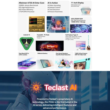 Teclast P50AI WiFi Tablet PC, 6GB+128GB, 11 inch Android 15 Allwinner A733 Octa Core with NPU, P50AI