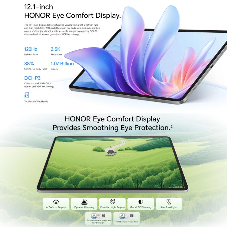 Honor Pad 10 WiFi Tablet PC, 12.1 inch 12GB+256GB MagicOS 9.0 Qualcomm Snapdragon 7 Gen3 Octa Core, 12GB+256GB