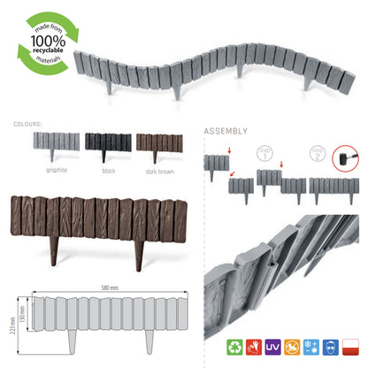 Lawn Edging, Plastic Palisade Wood Effect, 2.32m, Gray