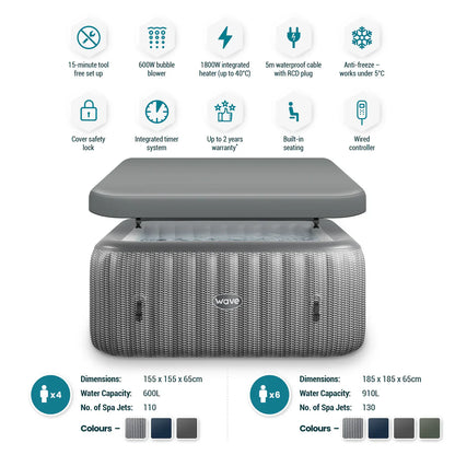 WaveSpa Pacific Inflatable Hot Tub with Integrated Heater – 4–6 Person