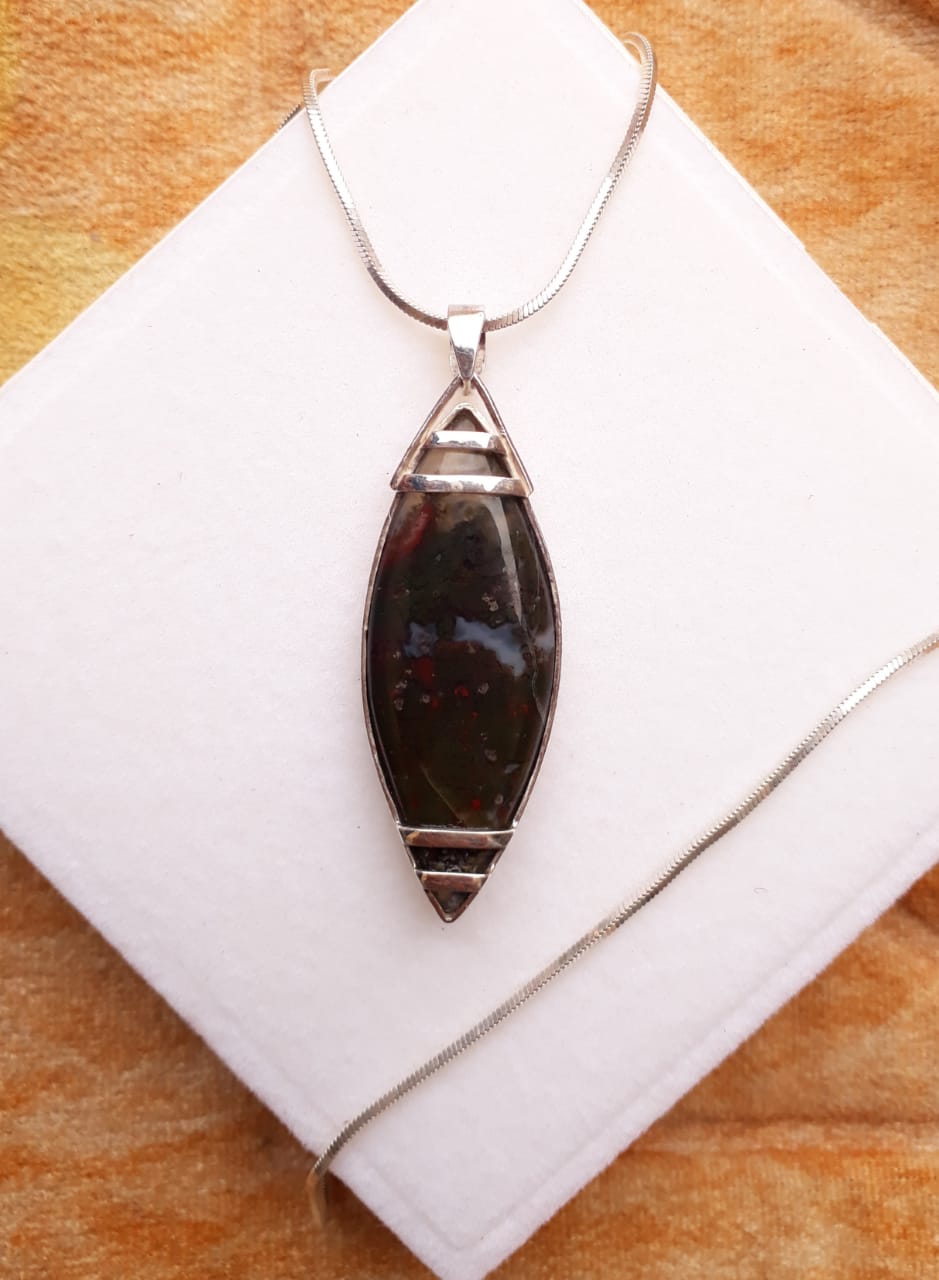 Green Indonesian Shajri Aqeeq (Moss Agate) Pendant with Italain Silver