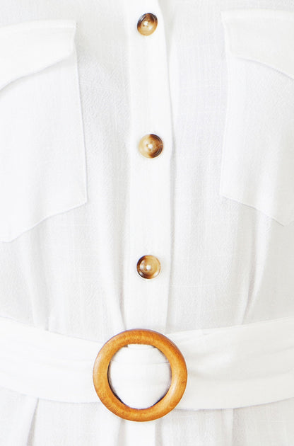 Yumi White Viscose Linen Look Midi Shirt Dress With Wooden Belt