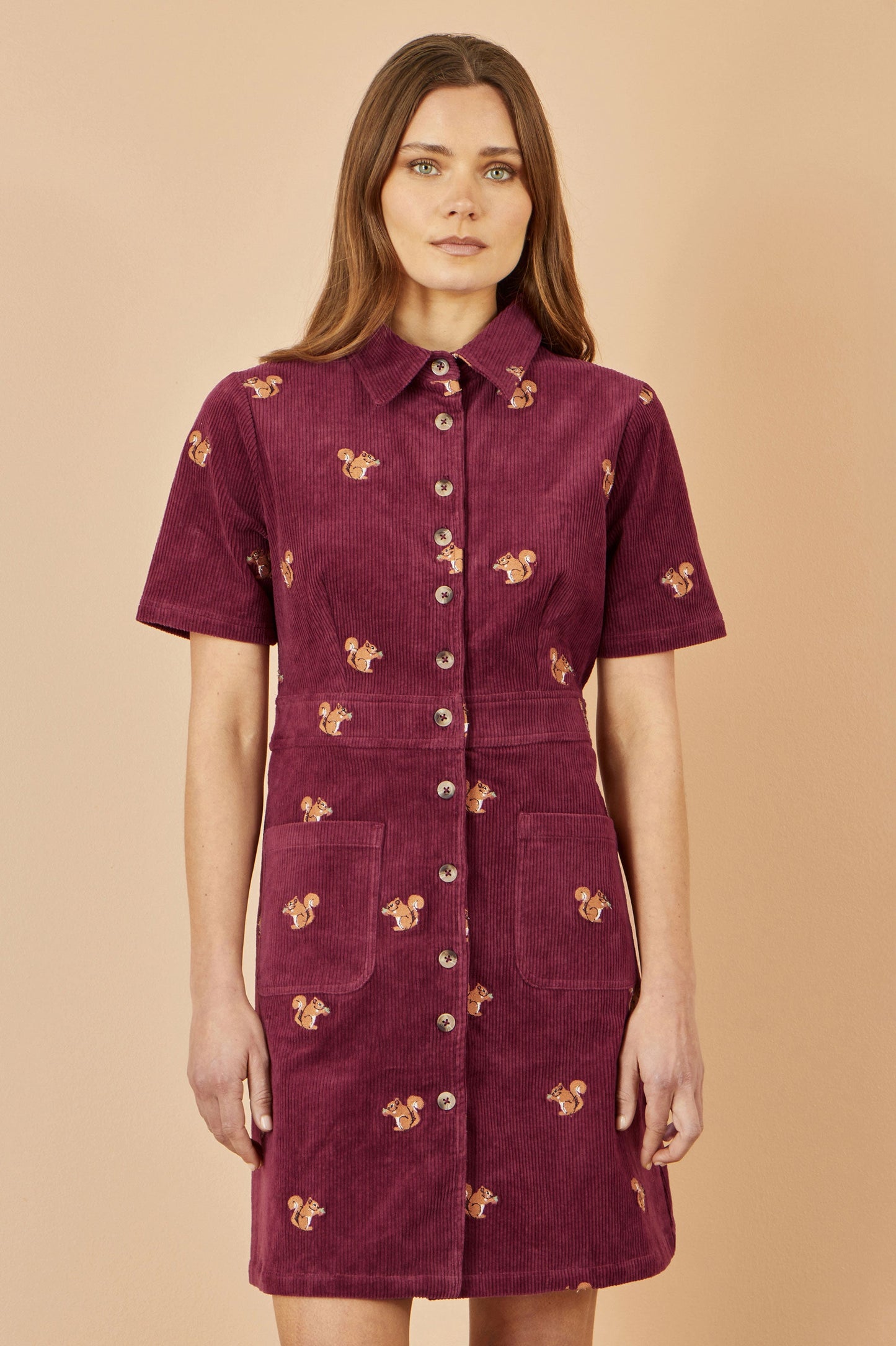 Yumi Burgundy Cord Shirt Dress With All Over Squirrel Embroidery
