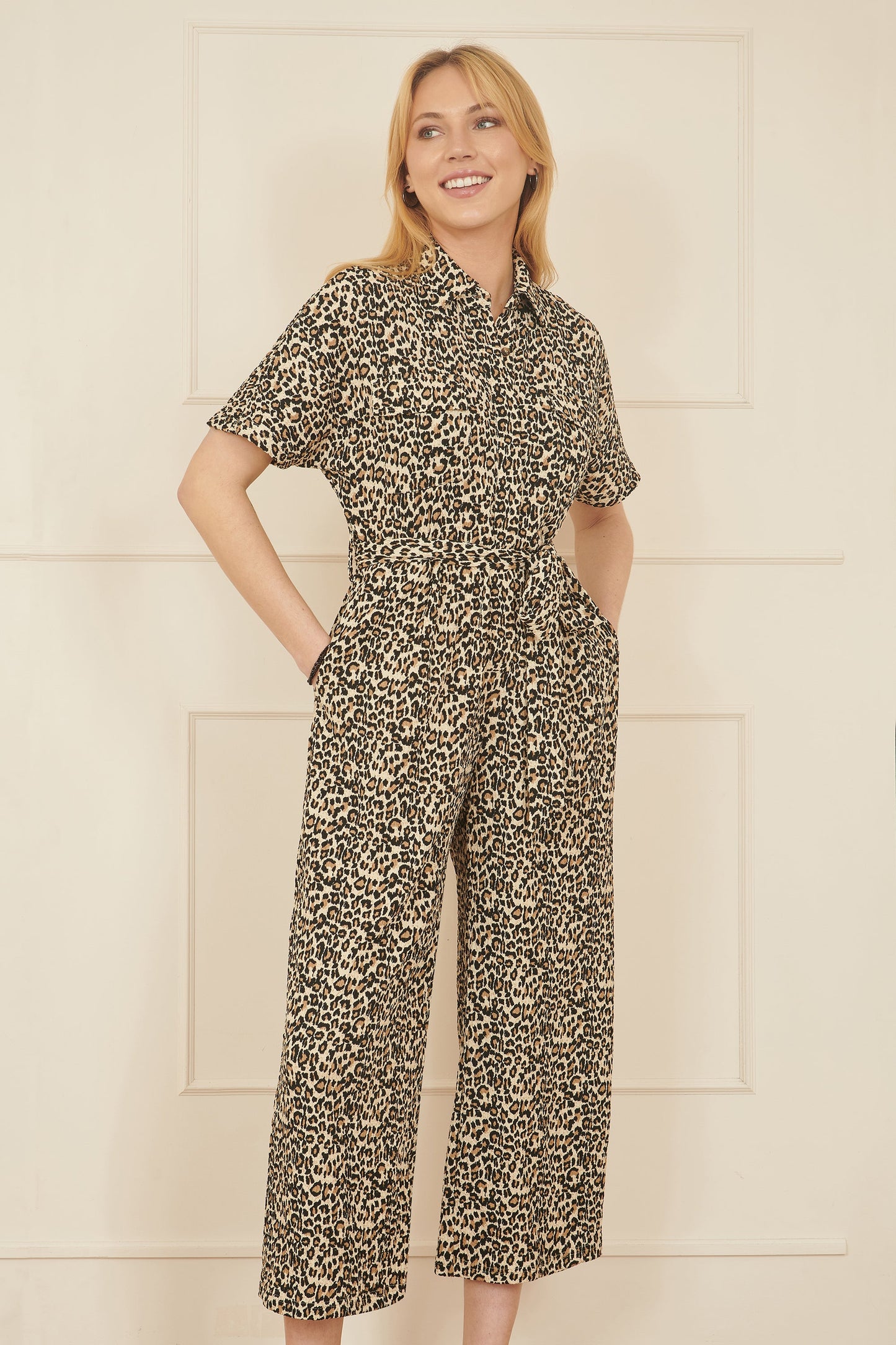 Yumi Brown Leopard Print Pleated Fabric Jumpsuit