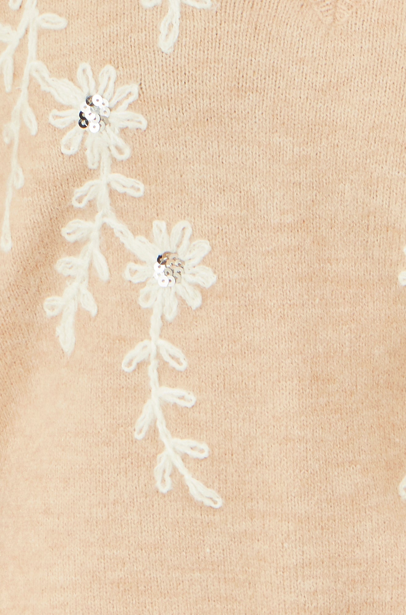 Yumi Oatmeal Floral Embroidered V Neck Relaxed Knitted Jumper