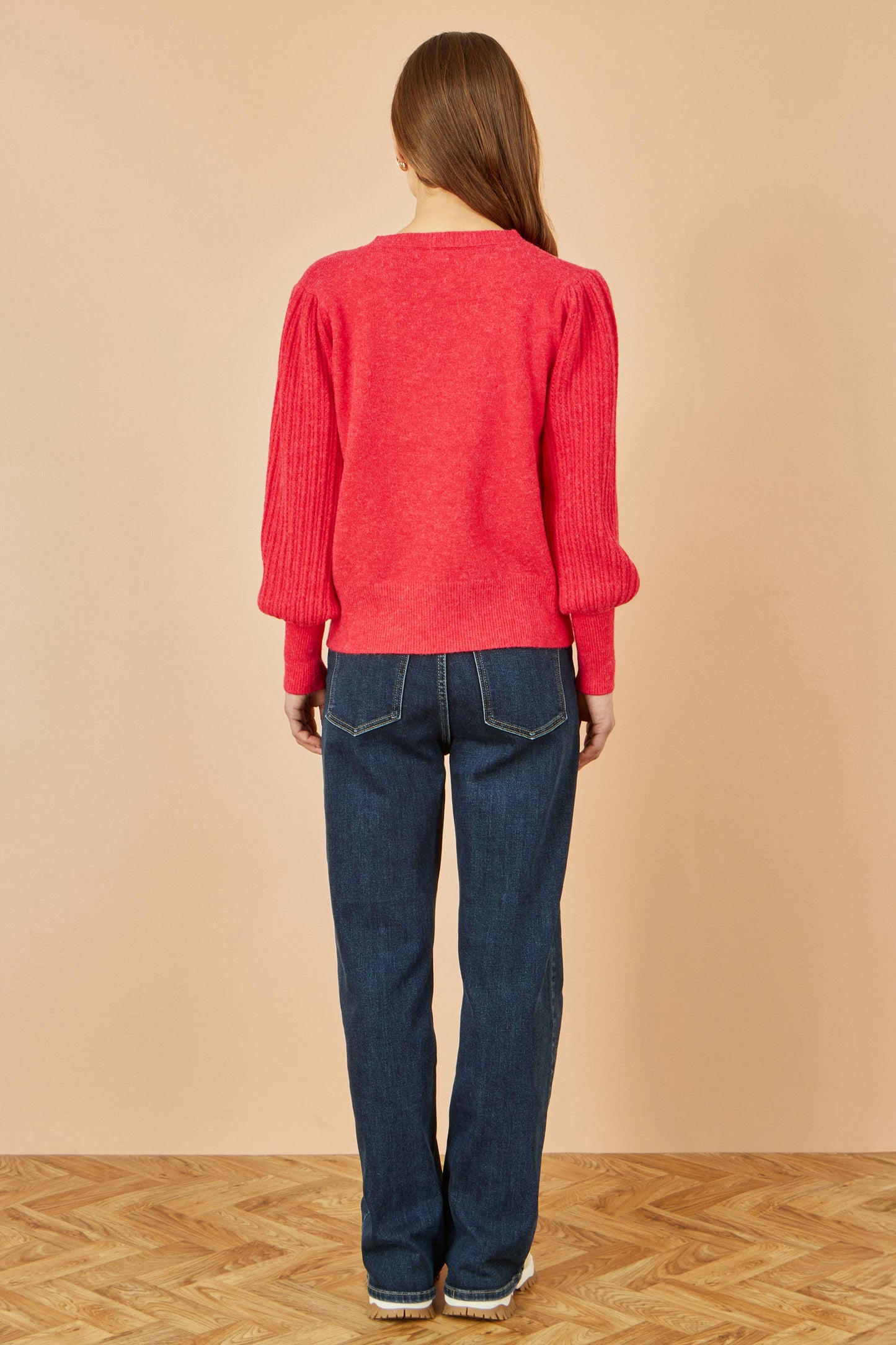 Yumi Red Knitted Balloon Sleeve Textured Jumper