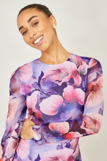 Yumi Purple Floral Mesh Midi Dress With Tie Back