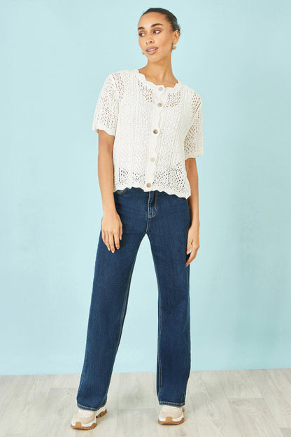 Yumi White Crochet Short Sleeve Cardigan