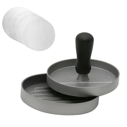 Household Food Grade Aluminum Alloy Kitchen Non-stick Coating Pressure Meat Patty Cake Hamburger Mold with 40 PCS Sided Silicone Papers, 1PC Black Handle