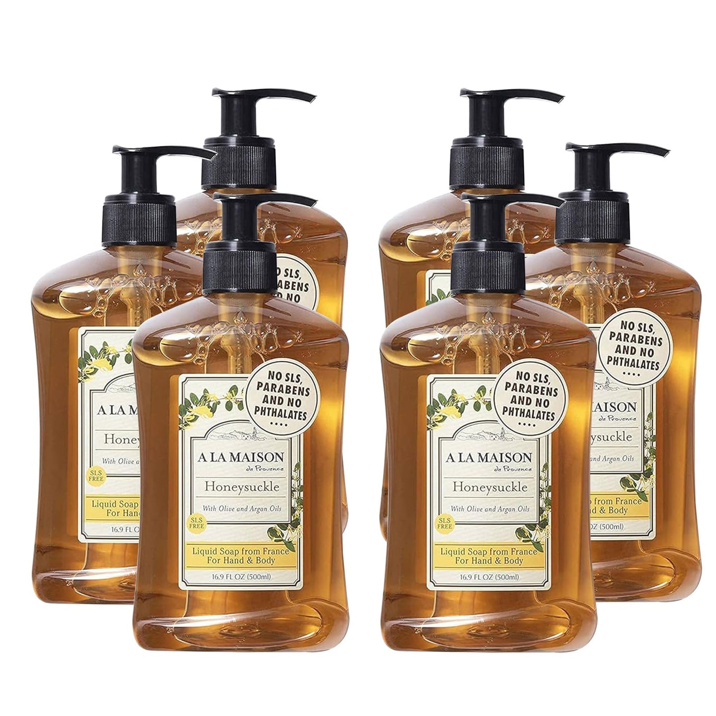 A LA MAISON Honeysuckle French Liquid Hand Soap – 16.9 oz (6-Pack) – Plant-Based, Vegan, Cruelty-Free