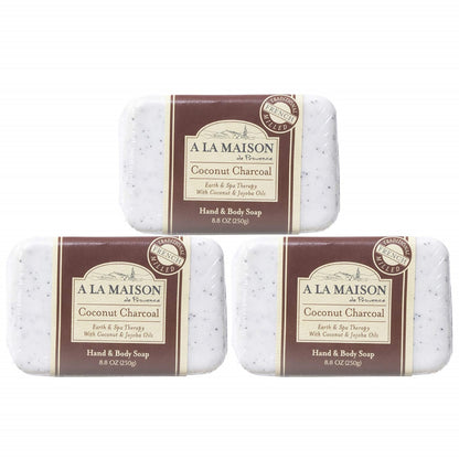 A LA MAISON Coconut Charcoal Bar Soap – Triple Milled, Vegan & Cruelty-Free (3 Bars, 8.8 oz) | Hand & Body