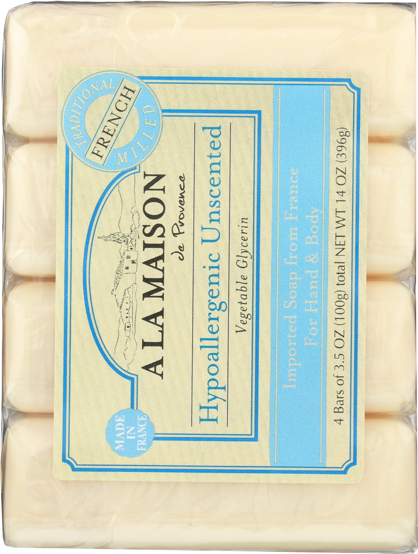 A LA MAISON Hypoallergenic Unscented Bar Soap – 4 Bars, 3.5 oz Each | Triple French Milled