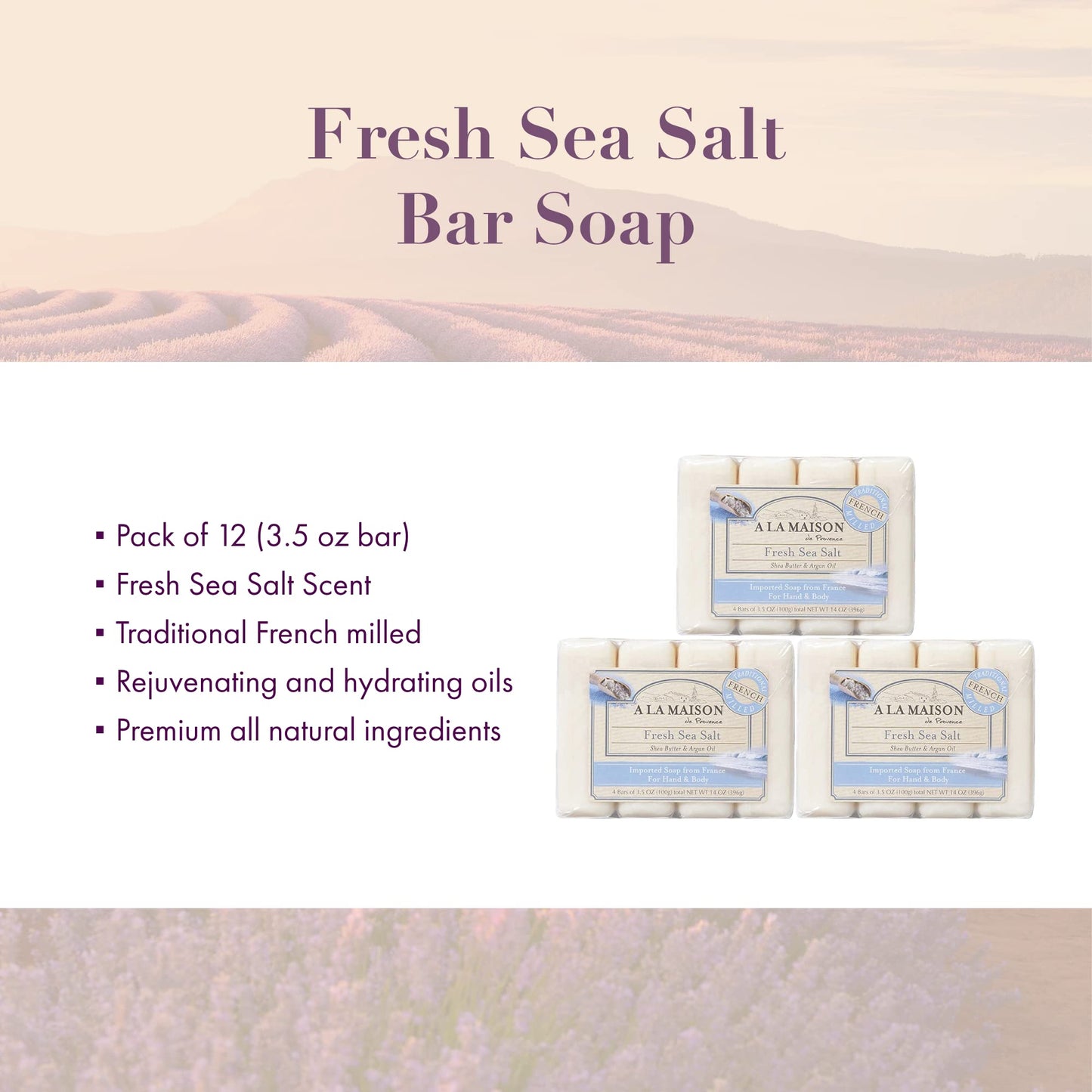 A LA MAISON Fresh Sea Salt Bar Soap – Triple Milled, Vegan & Biodegradable | 12 Bars x 3.5 oz