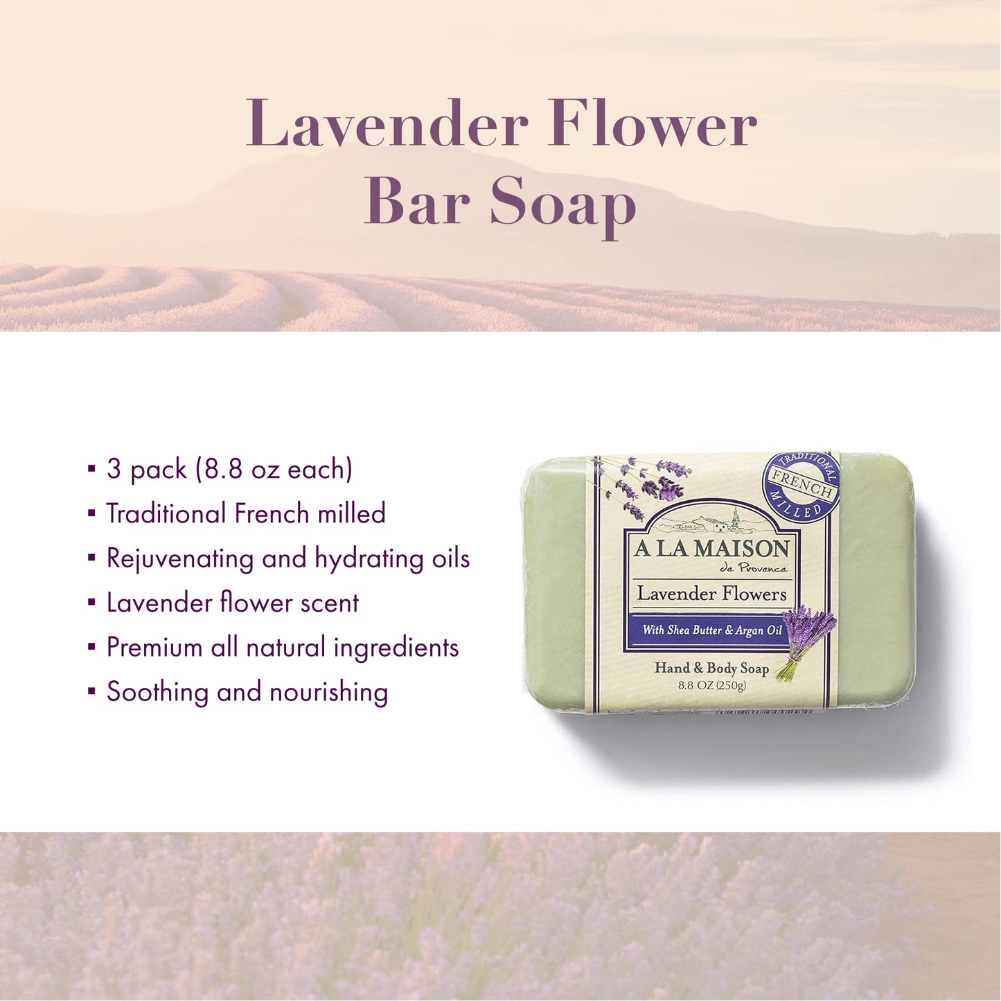 A LA MAISON Lavender Flower Bar Soap — Triple Milled French Hand Soap, 3 Bars (8.8 oz total)