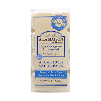 A LA MAISON Hypoallergenic Unscented Bar Soap – 4 Bars, 3.5 oz Each | Triple French Milled