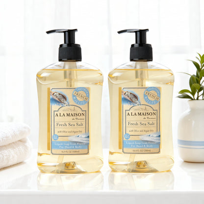 A LA MAISON Provence Fresh Sea Salt Liquid Hand & Body Soap – Pack of 2, 16.9 fl oz Each