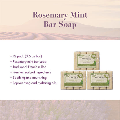 A LA MAISON Rosemary Mint Bar Soap – Triple French Milled Moisturizing Hand Soap (4 Bars, 3.5 oz each)