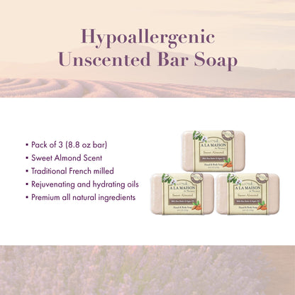A LA MAISON Triple French Milled Bar Soap – Sweet Almond, 8.8 oz (3 Bars)