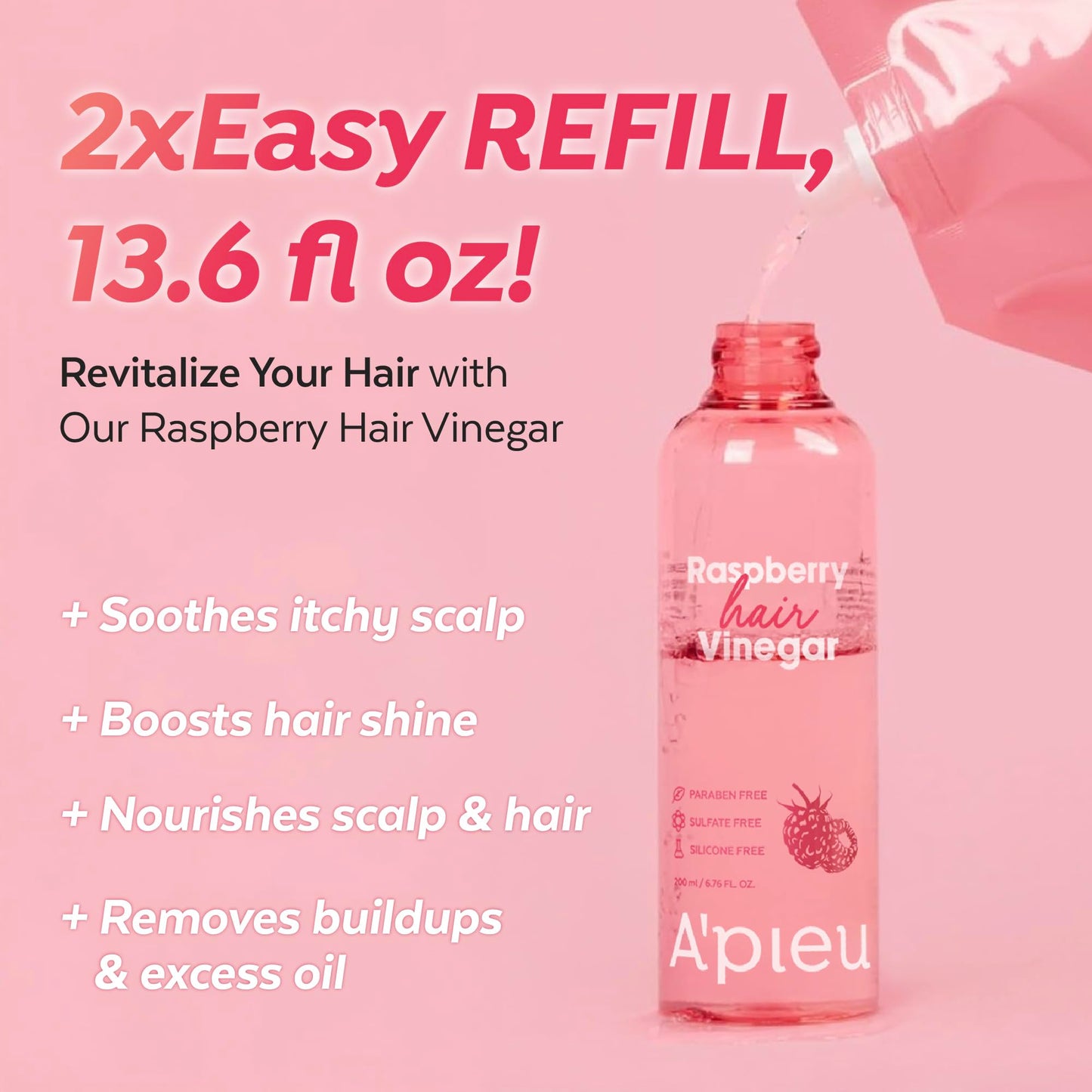 A'PIEU Raspberry Hair Vinegar Refill — Deep Scalp Detox and pH-Balanced Rinse for Oily Hair