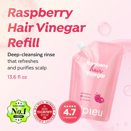 A'PIEU Raspberry Hair Vinegar Refill — Deep Scalp Detox and pH-Balanced Rinse for Oily Hair