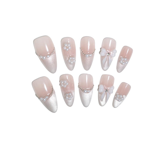 10-Piece Nude Gradient Cat’s Eye Press-On Nails with Pearl Bow & Rhinestones – Almond Shape (XS)