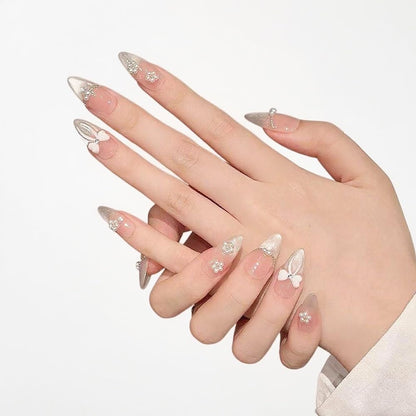 10-Piece Nude Gradient Cat’s Eye Press-On Nails with Pearl Bow & Rhinestones – Almond Shape (XS)