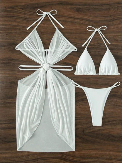 3pcs Halter Neck Bikini Beach Summer Solid Color Split Swimsuit Womens Clothing
