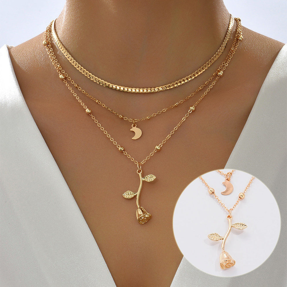 Multilayer Moon & Rose Flower Gold Pendant Necklace