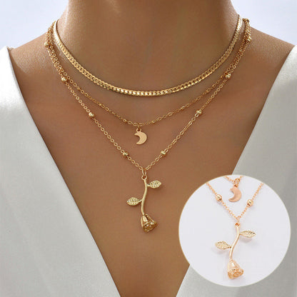 Multilayer Moon & Rose Flower Gold Pendant Necklace