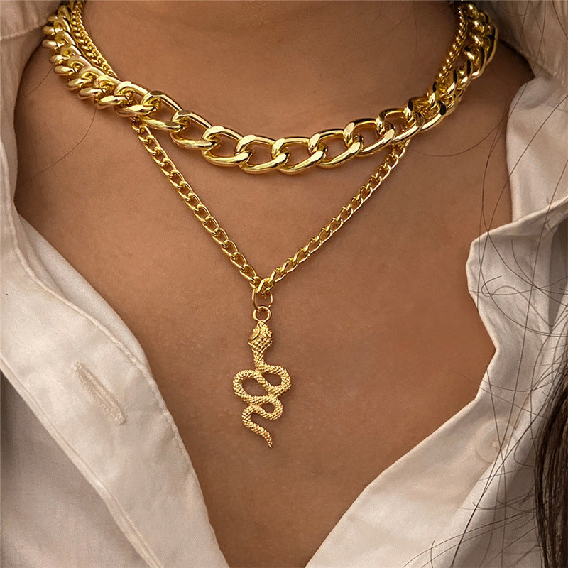 Chunky Chain Double Snake Pendant Necklace