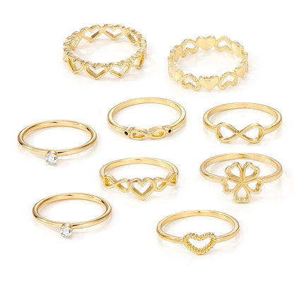 Gold Colour Heart Rings Set - 9pcs