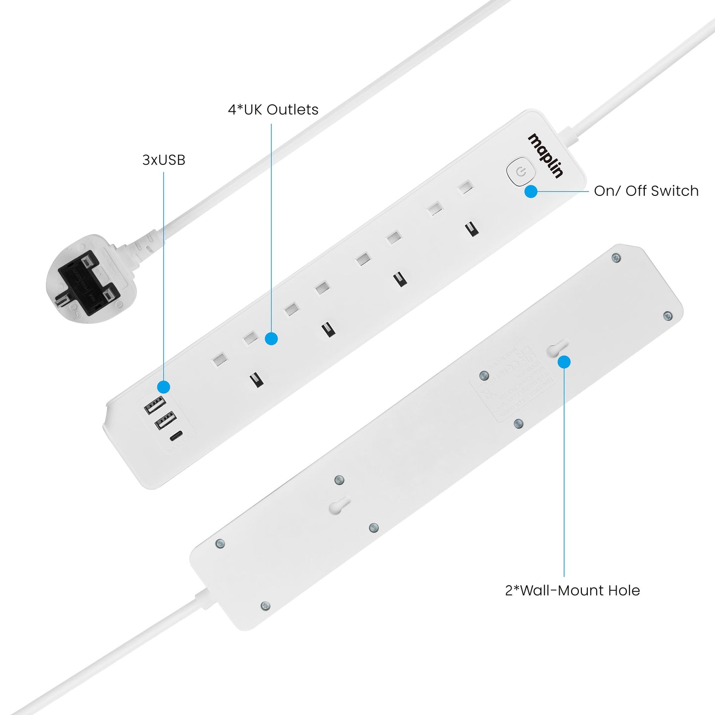 Maplin 1.8m 4 Socket 13 Amp Extension Lead with 2x USB-A / 1x USB-C Ports