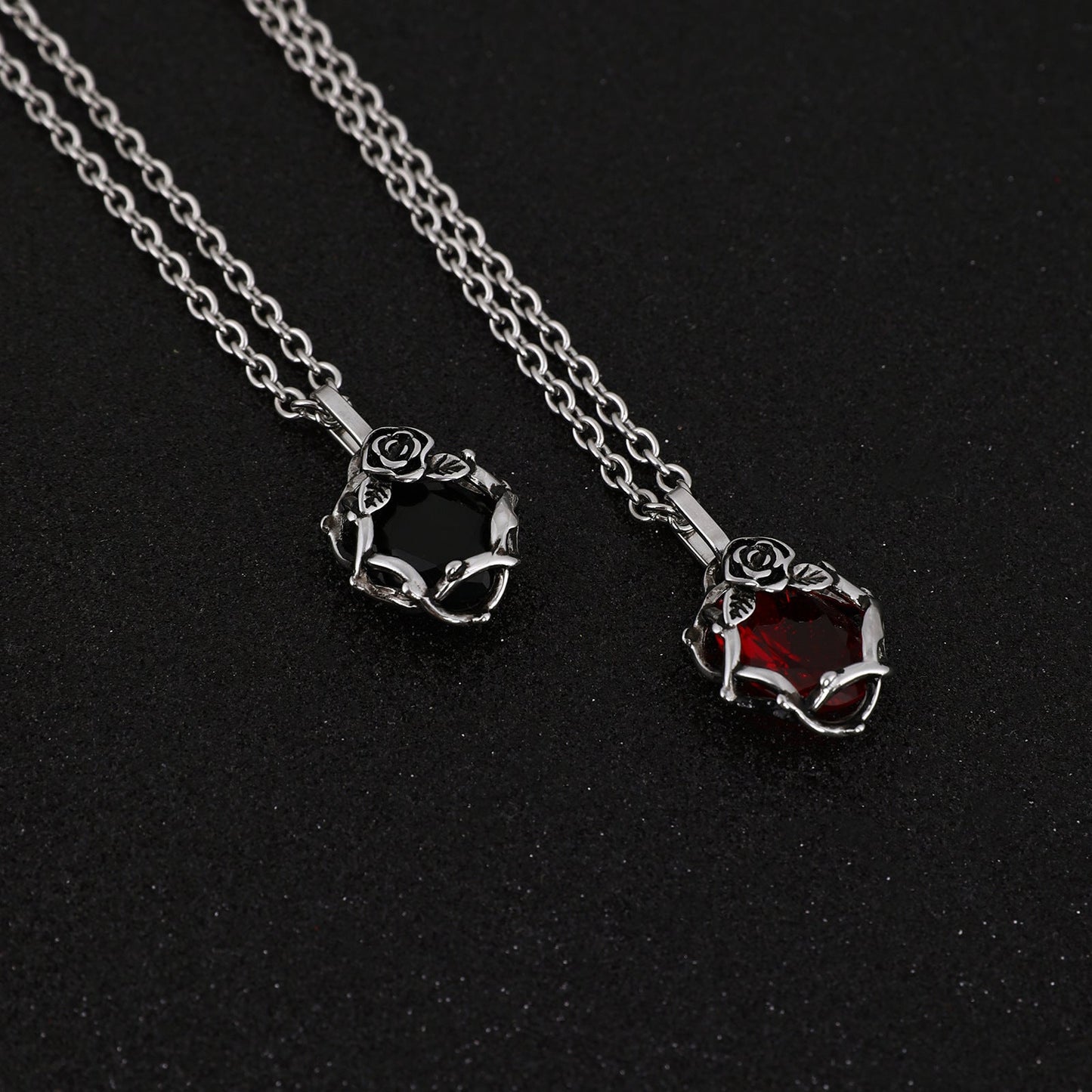 Black & Red Ruby Necklace with Flower Pendant
