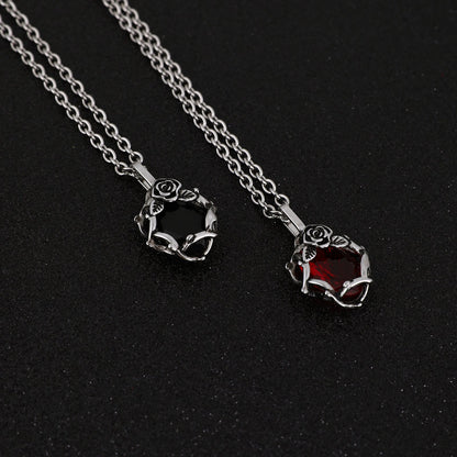 Black & Red Ruby Necklace with Flower Pendant
