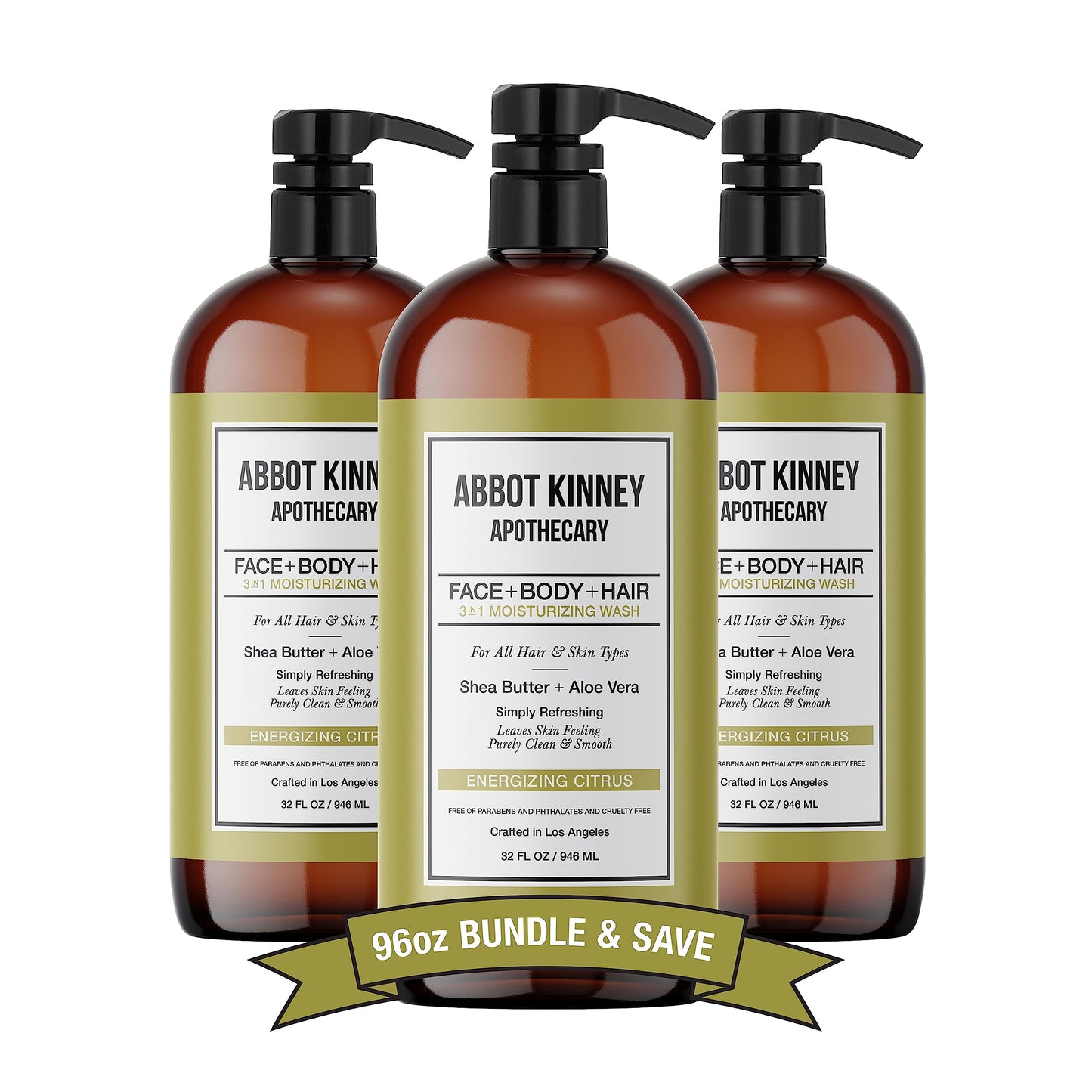 ABBOT KINNEY APOTHECARY Men's 3-in-1 Wash: Shampoo, Conditioner & Body Wash in Energizing Citrus – 32 oz (3 Pack)
