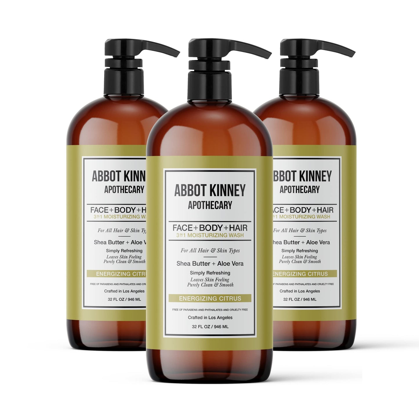 ABBOT KINNEY APOTHECARY Men's 3-in-1 Wash: Shampoo, Conditioner & Body Wash in Energizing Citrus – 32 oz (3 Pack)