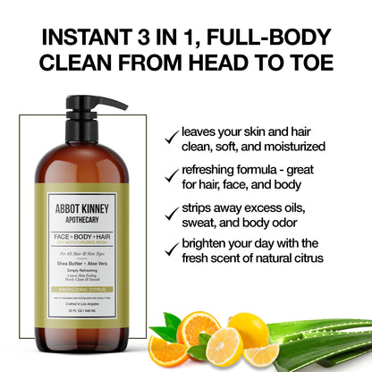 ABBOT KINNEY APOTHECARY Men's 3-in-1 Wash: Shampoo, Conditioner & Body Wash in Energizing Citrus – 32 oz (3 Pack)