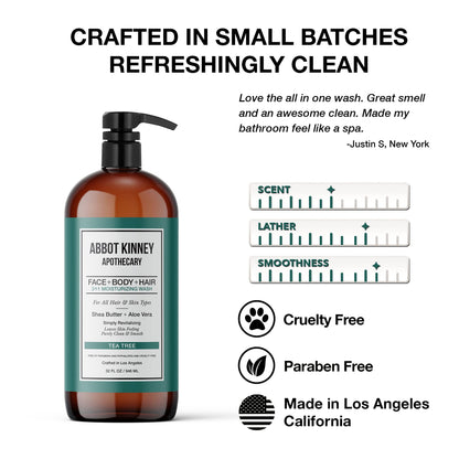 ABBOT KINNEY APOTHECARY Men's Tea Tree 3-in-1 Wash – Shampoo, Conditioner & Body Wash, 32oz (2-Pack)